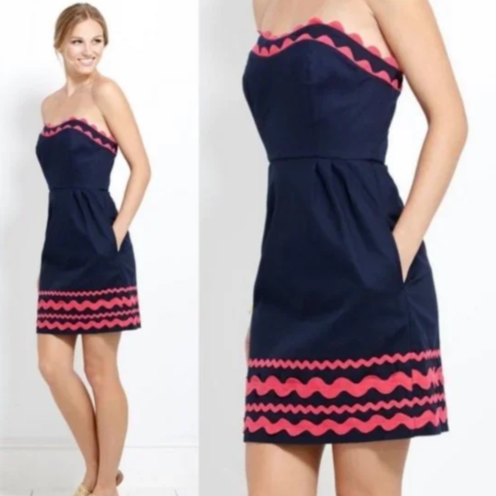 Vineyard Vines Ric Rac Strapless Sweetheart Preppy Dress in Navy & Pink